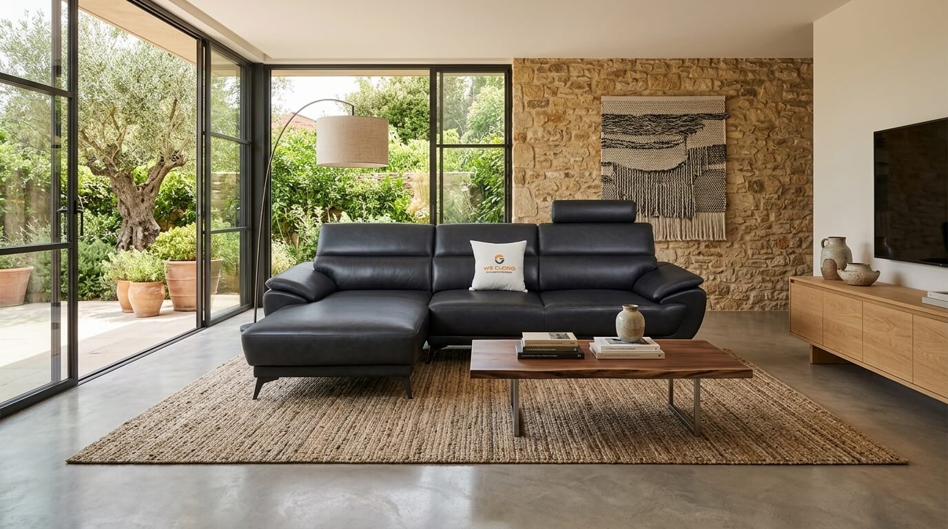 Chiếm trọn spotlight phòng khách với siêu phẩm Sofa góc L da đen huyền bí, biểu tượng của sự quyền lực và sang trọng bậc nhất tại 