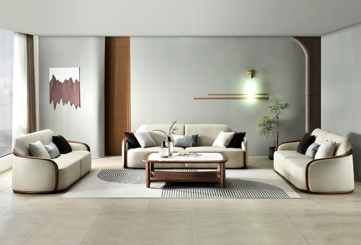 Phối cảnh bộ ghế sofa phòng khách gồm ghế dài và ghế đôi đối xứng qua bàn trà, tạo không gian trò chuyện ấm cúng và chỉn chu