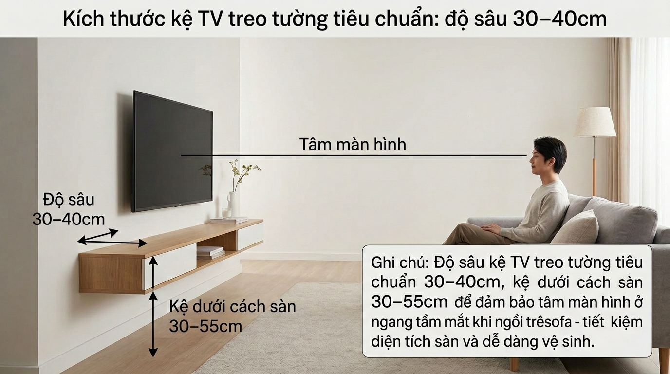Kích thước kệ tủ tivi treo tường tiêu chuẩn chiều sâu 30–40cm