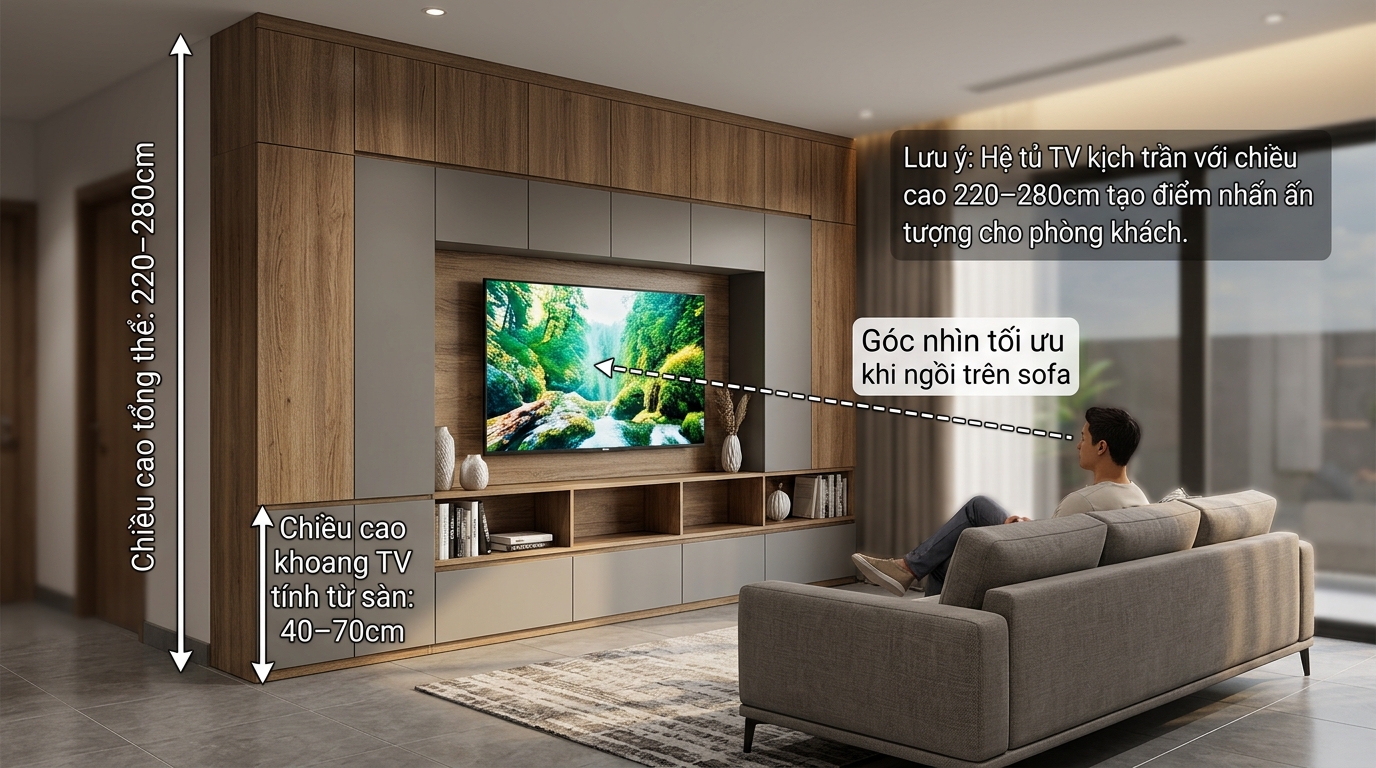 Kích thước tủ tivi kịch trần tiêu chuẩn chiều cao 220–280cm