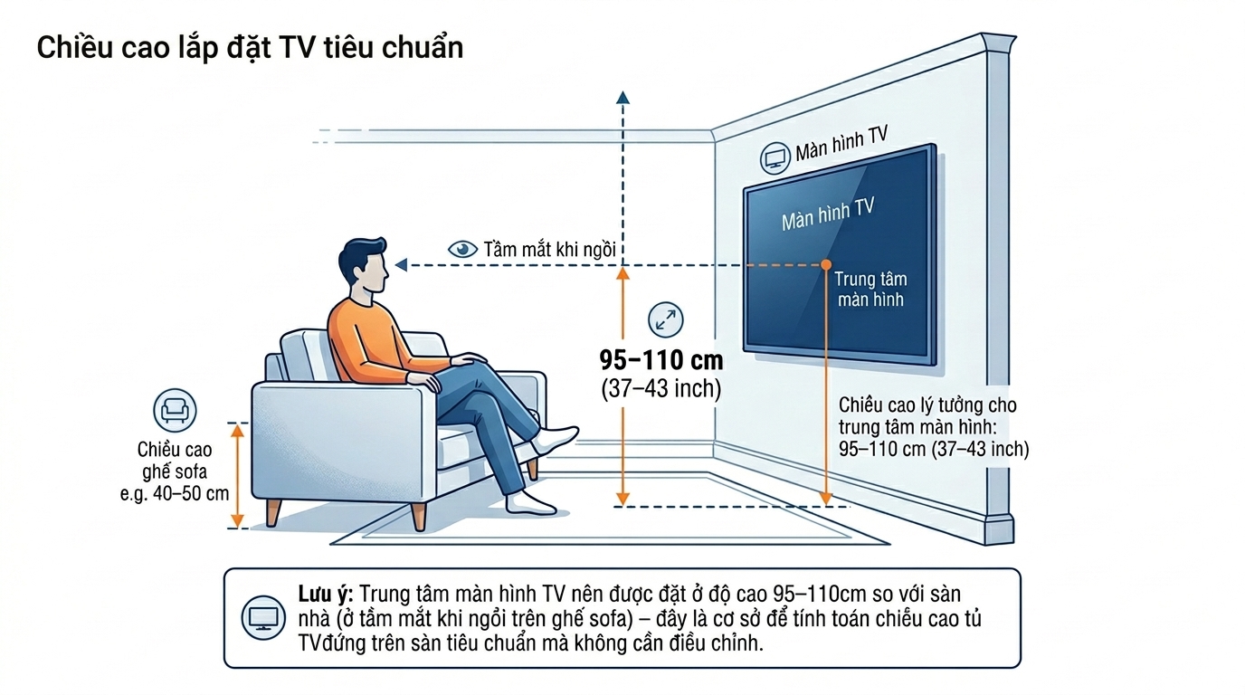 Chiều cao treo tivi chuẩn theo inch màn hình tầm mắt sofa