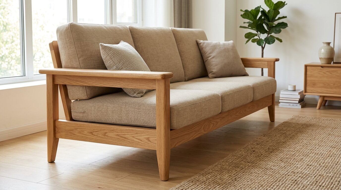 Cận cảnh vân gỗ sồi thẳng đều và bề mặt mịn màng, chất liệu lý tưởng cho sofa hiện đại với độ bền từ 15 đến 25 năm, khả năng chống cong vênh và kháng nấm mốc vượt trội