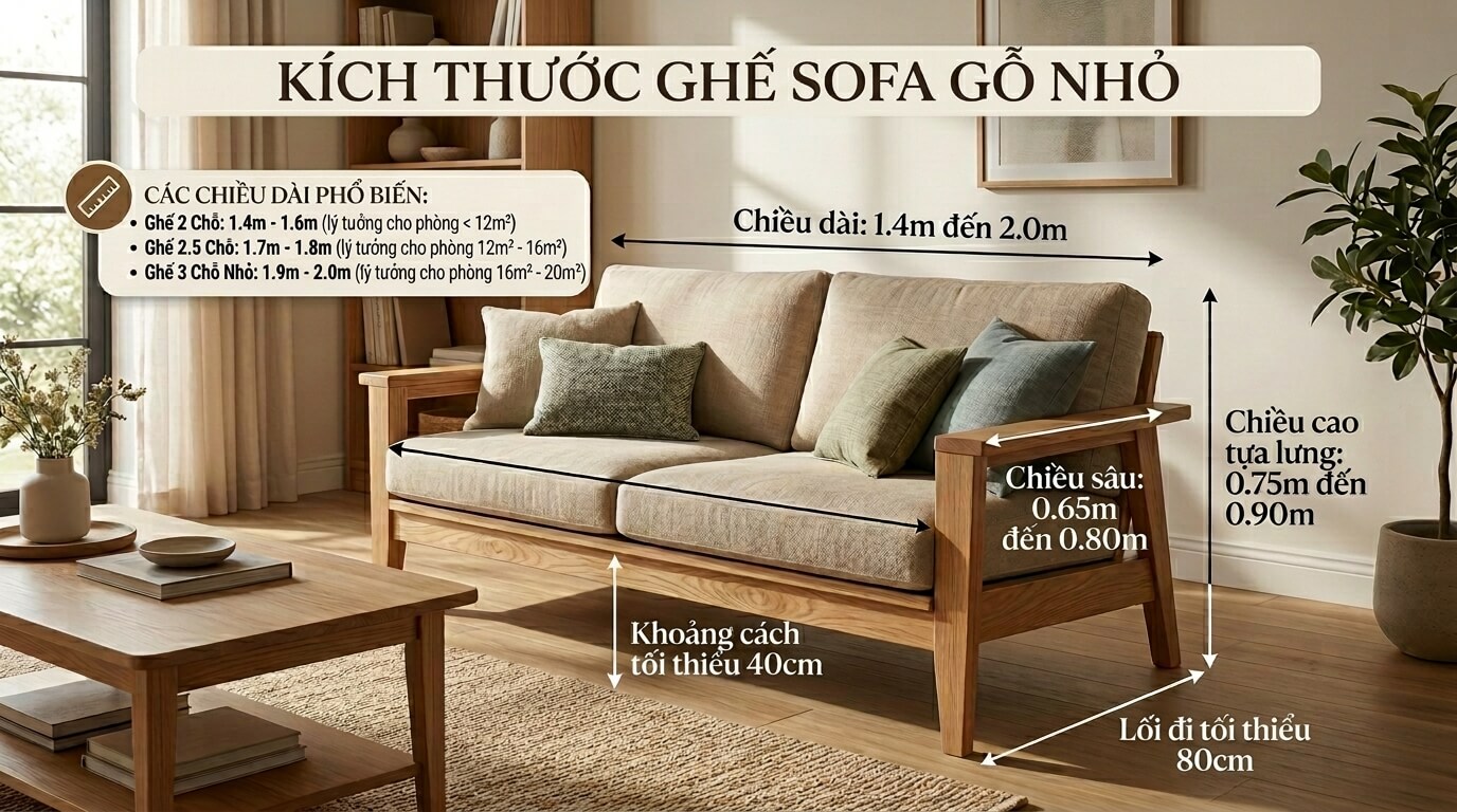 Thông số kích thước sofa văng gỗ nhỏ từ 1.4m đến 2.0m, giải pháp tối ưu cho phòng khách dưới 20m² với quy tắc khoảng cách bàn trà 40cm và lối đi thông thoáng 80cm