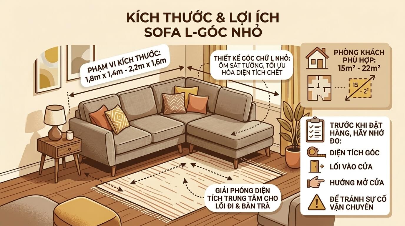 Kích thước sofa góc L gỗ nhỏ gọn từ 1.8m x 1.4m đến 2.2m x 1.6m, thiết kế ôm sát tường giúp tận dụng góc chết và giải phóng diện tích cho phòng khách chung cư 15-22m²