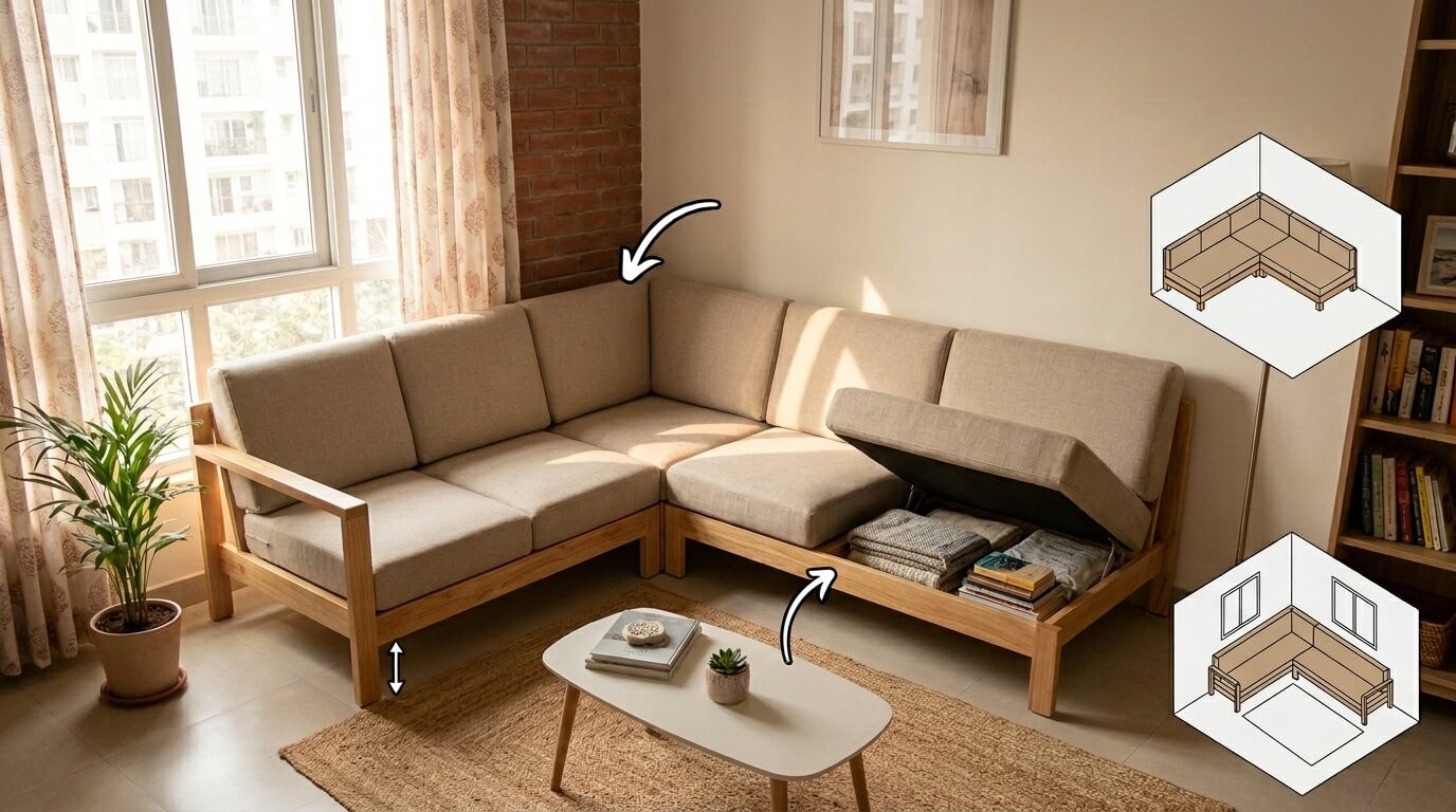 Giải pháp tối ưu góc chết với sofa góc L gỗ nhỏ 2.0m x 1.5m, tích hợp ngăn chứa đồ bí mật siêu tiện lợi cho những căn hộ hiện đại thiếu diện tích lưu trữ