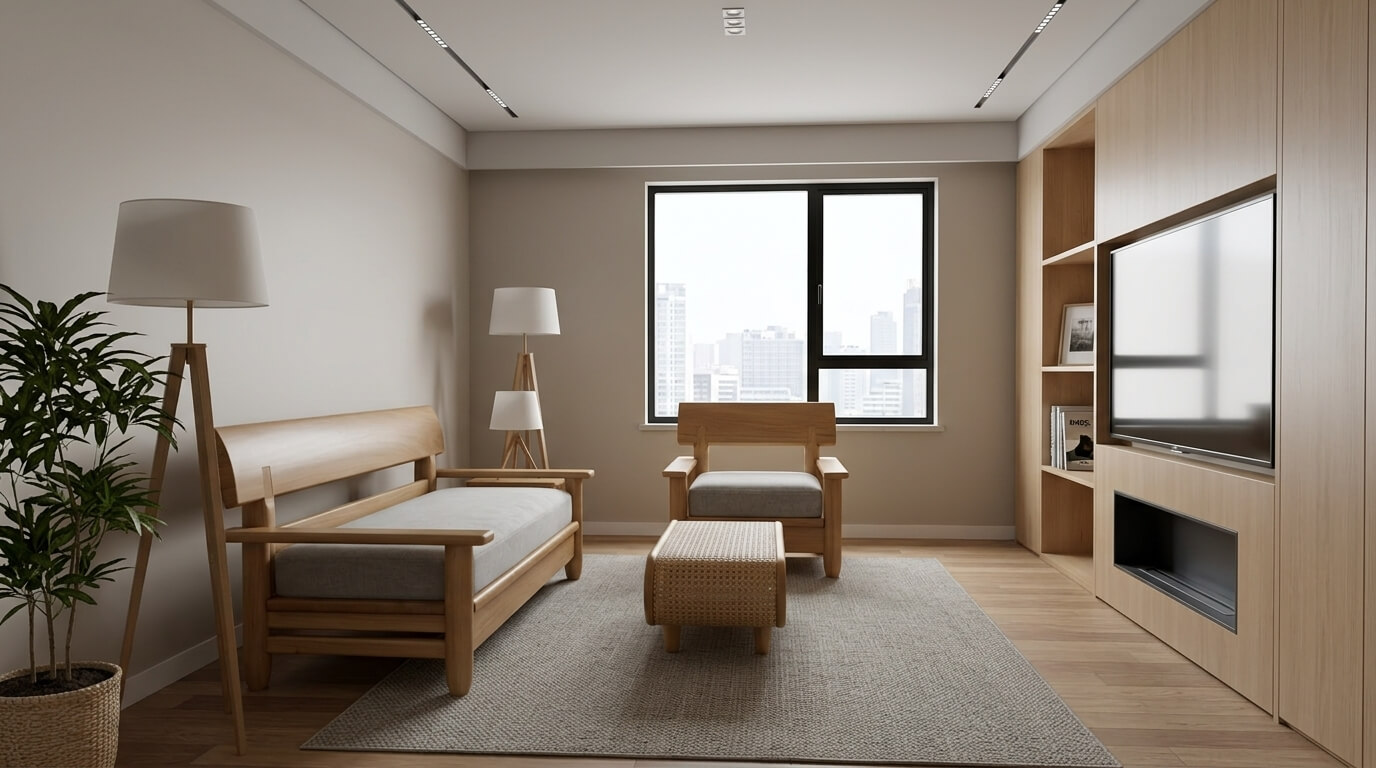 Chiêm ngưỡng vẻ đẹp tinh tế của sofa gỗ nhỏ phong cách Minimalist, sắc gỗ Sồi nhạt phối đệm trắng thanh lịch, mảnh ghép hoàn hảo cho không gian sống trần thấp, hiện đại