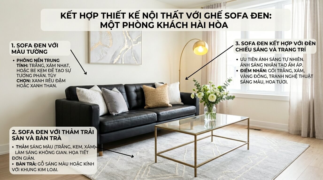 Bí quyết phối sofa đen sang trọng: Tường sáng tương phản, thảm và bàn trà tông nhạt làm dịu không gian, kết hợp ánh sáng vàng ấm và gối decor sắc sảo để tạo nên phòng khách hiện đại, hài hòa 