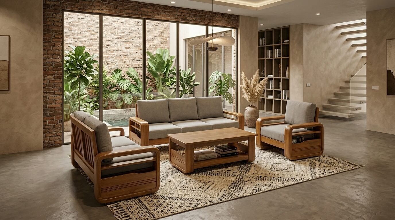 Trải nghiệm sự êm ái vượt trội với sofa gỗ nhỏ kết hợp đệm dày 15cm linh hoạt tháo rời, giải pháp kinh tế giúp bạn dễ dàng làm mới không gian sống theo mùa mà không tốn nhiều chi phí