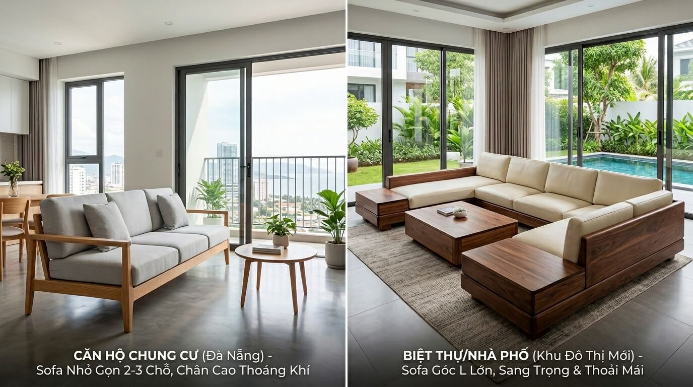 Giải pháp sofa gỗ nguyên khối tối ưu cho nhà ở Đà Nẵng: Từ mẫu sofa văng chân cao 15cm chống ẩm cho chung cư 55-85m², đến bộ sofa góc L lớn 3.2m uy nghi dành riêng cho biệt thự tại KĐT Hòa Xuân, FPT City và Phú Mỹ An