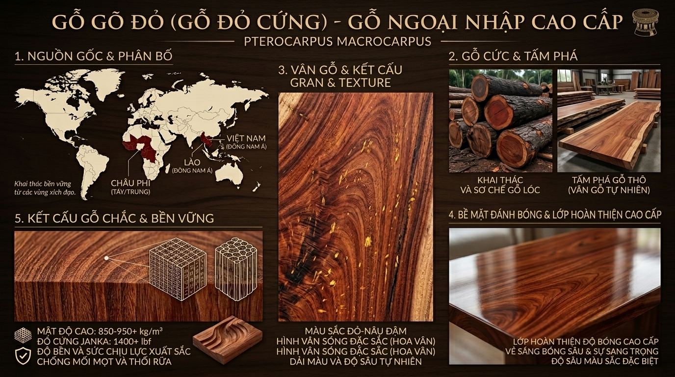 Bảng thông tin chi tiết về nguồn gốc, đặc điểm vân gỗ và thông số kỹ thuật độ cứng Janka của gỗ gõ đỏ (Pterocarpus Macrocarpus) nhập khẩu cao cấp.