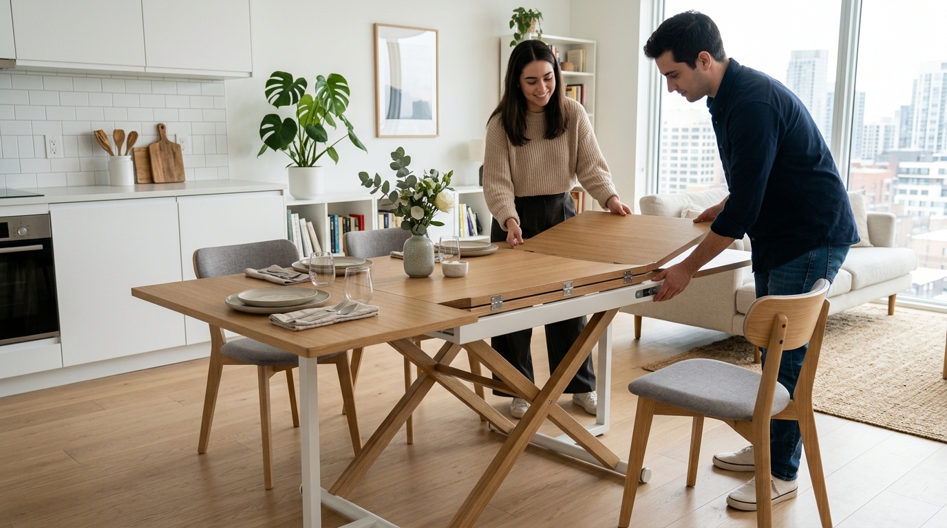 So sánh sự khác biệt giữa bàn ăn thông minh xếp gọn hai cánh linh hoạt và bàn ăn gỗ truyền thống có kích thước cố định, làm nổi bật khả năng tối ưu diện tích cho không gian nhỏ.