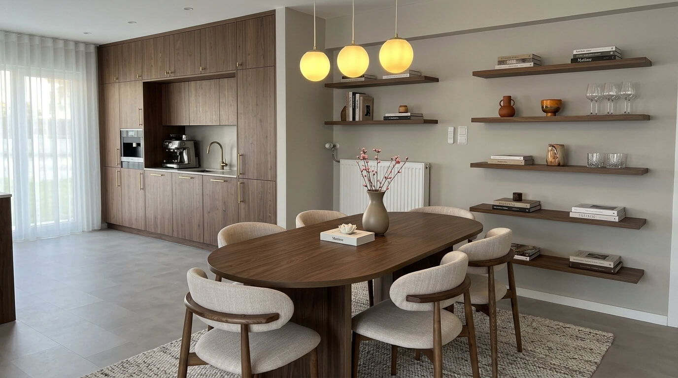 Giải pháp thiết kế nội thất phòng bếp đồng bộ với bàn ăn, tủ bếp và kệ trang trí cùng chất liệu gỗ, kiến tạo không gian sống hài hòa và chuyên nghiệp.