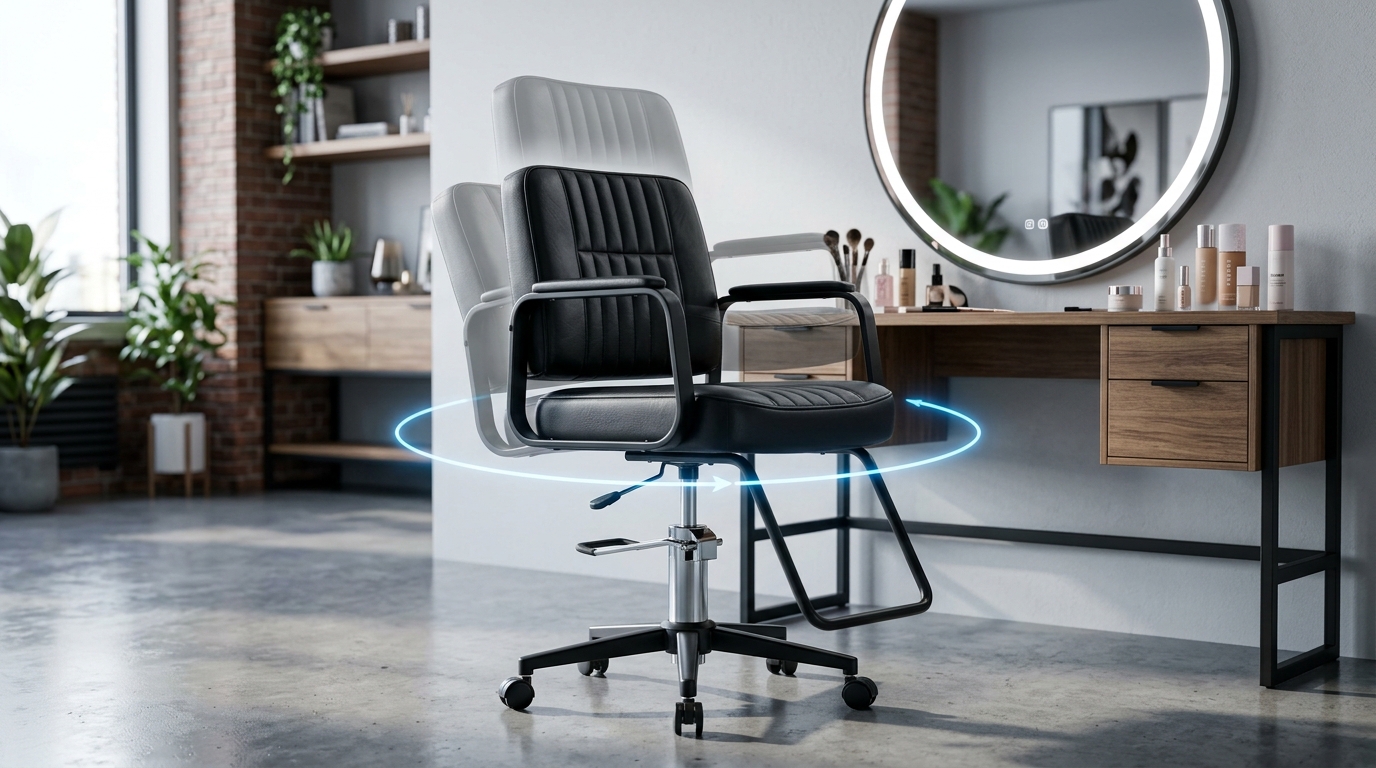 Mẫu ghế xoay bàn trang điểm hiện đại bọc da đen sang trọng, trang bị trục xoay 360 độ và cần gạt điều chỉnh độ cao linh hoạt, đặt trong không gian phòng ngủ phong cách Industrial có gương đèn led