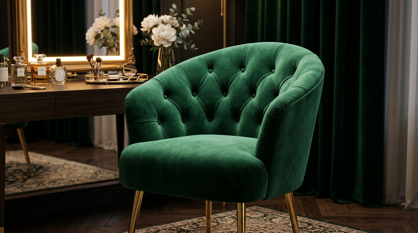 Mẫu ghế trang điểm Luxury bọc vải nhung xanh ngọc lục bảo cao cấp, tựa lưng chần chỉ kim cương tỉ mỉ, kết hợp chân inox mạ vàng sang trọng trong không gian phòng ngủ quý tộc