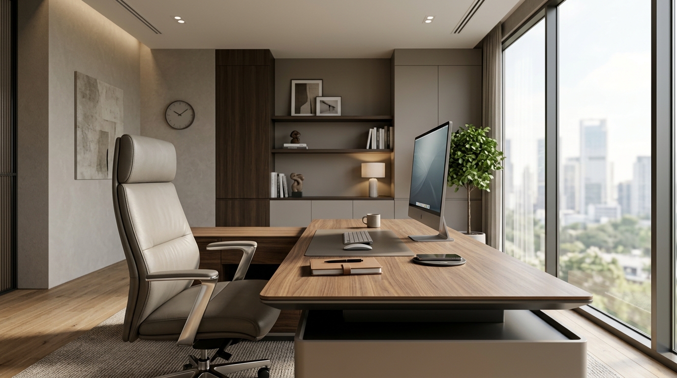 Thiết kế phòng làm việc lãnh đạo hiện đại với bộ bàn giám đốc bằng gỗ tự nhiên vân tối màu sang trọng kết hợp ghế xoay giám đốc bọc da cao cấp màu xám bợt, phía sau là hệ tủ tài liệu âm tường và ô cửa kính lớn view ôm trọn toàn cảnh thành phố.