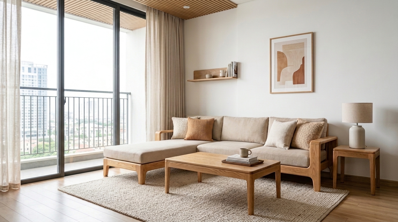 Ảnh bàn ghế gỗ sồi tự nhiên với màu sáng và thiết kế hiện đại trong phòng khách phong cách Scandinavian.