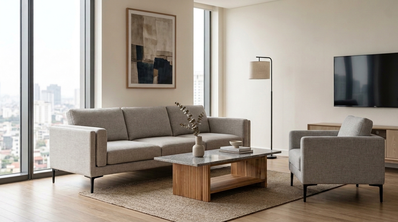 Ảnh bộ bàn ghế hiện đại gồm sofa, bàn trà và ghế đơn trong phòng khách tối giản.