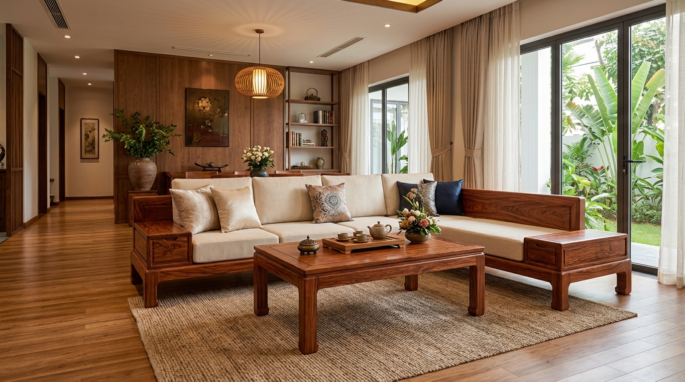 Không gian phòng khách biệt thự sang trọng bài trí bộ bàn ghế sofa góc chữ L làm bằng gỗ hương tự nhiên với những đường vân sắc nét, kết hợp đệm bọc vải màu kem trang nhã, bàn trà gỗ đồng bộ đặt trên thảm cói dệt, bên cạnh là hệ cửa kính lớn nhìn ra sân vườn xanh mát.