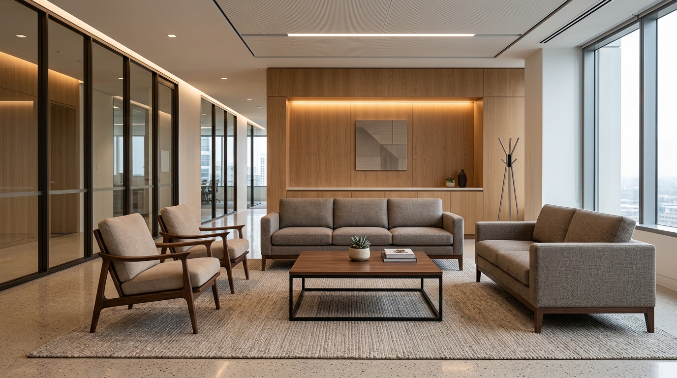 Ảnh khu vực tiếp khách văn phòng với sofa, bàn trà và ghế chờ hiện đại.