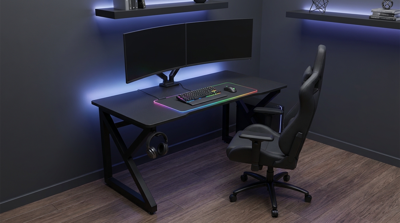 Góc setup bàn làm việc gaming hiện đại với bàn khung thép, ghế gaming và hệ thống hai màn hình.