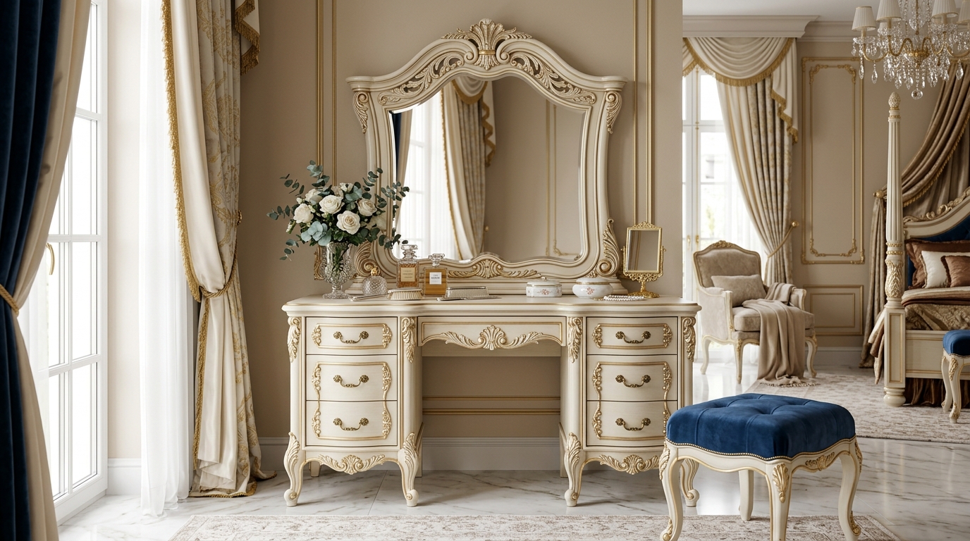 Bàn trang điểm cổ điển gỗ tự nhiên với thiết kế chạm khắc tinh xảo trong phòng ngủ sang trọng.