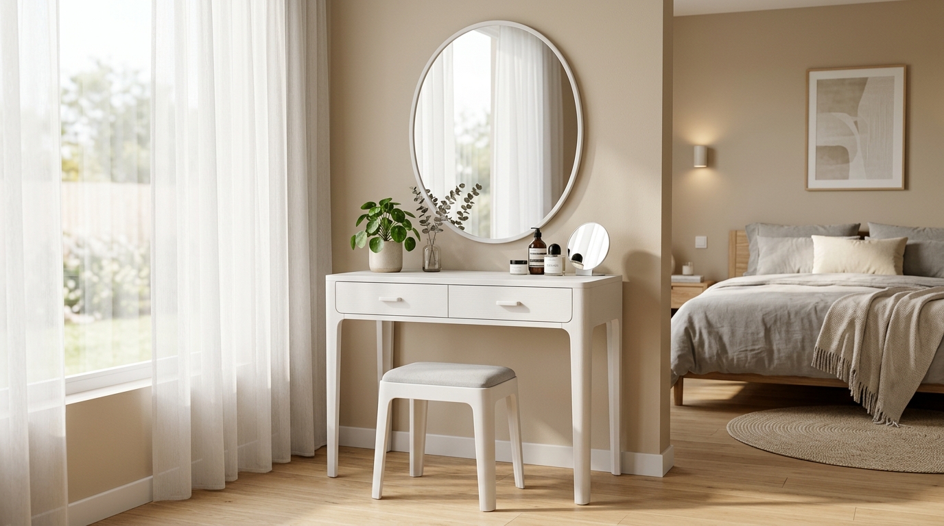 Bàn trang điểm nhựa cao cấp màu trắng với thiết kế hiện đại trong phòng ngủ tối giản.