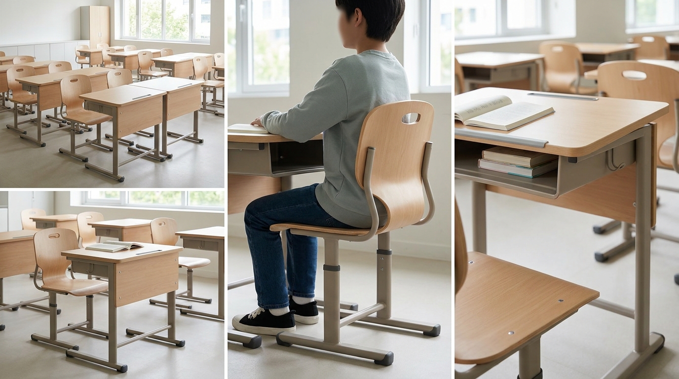 Ảnh ghép nhiều góc độ của không gian lớp học, với ảnh trung tâm chụp học sinh ngồi học đúng tư thế công thái học trên bộ bàn ghế gỗ đơn, hai bên là hình ảnh chi tiết các dãy bàn ghế học đường và kết cấu ngăn bàn tiện lợi.