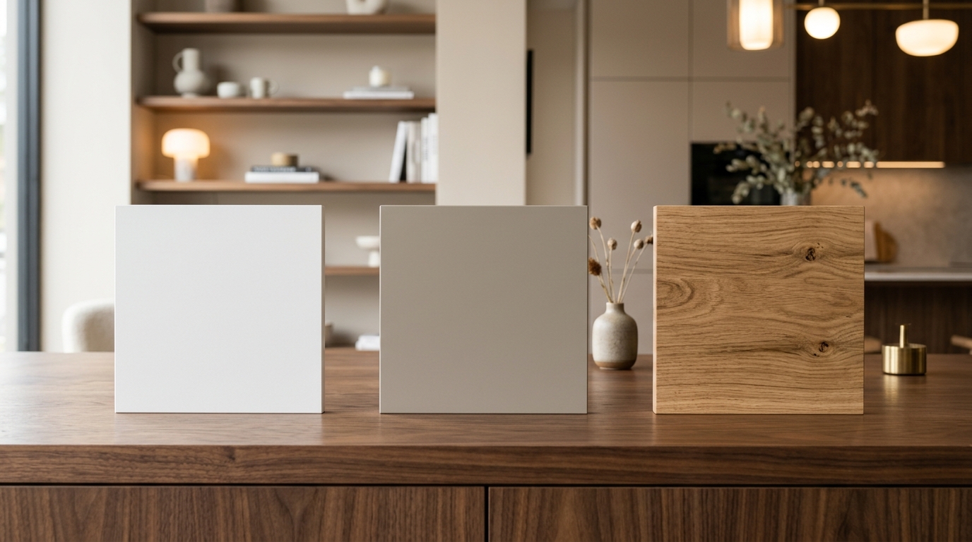So sánh bề mặt nhựa Đài Loan, gỗ MDF và gỗ tự nhiên trong thiết kế bàn trang điểm.
