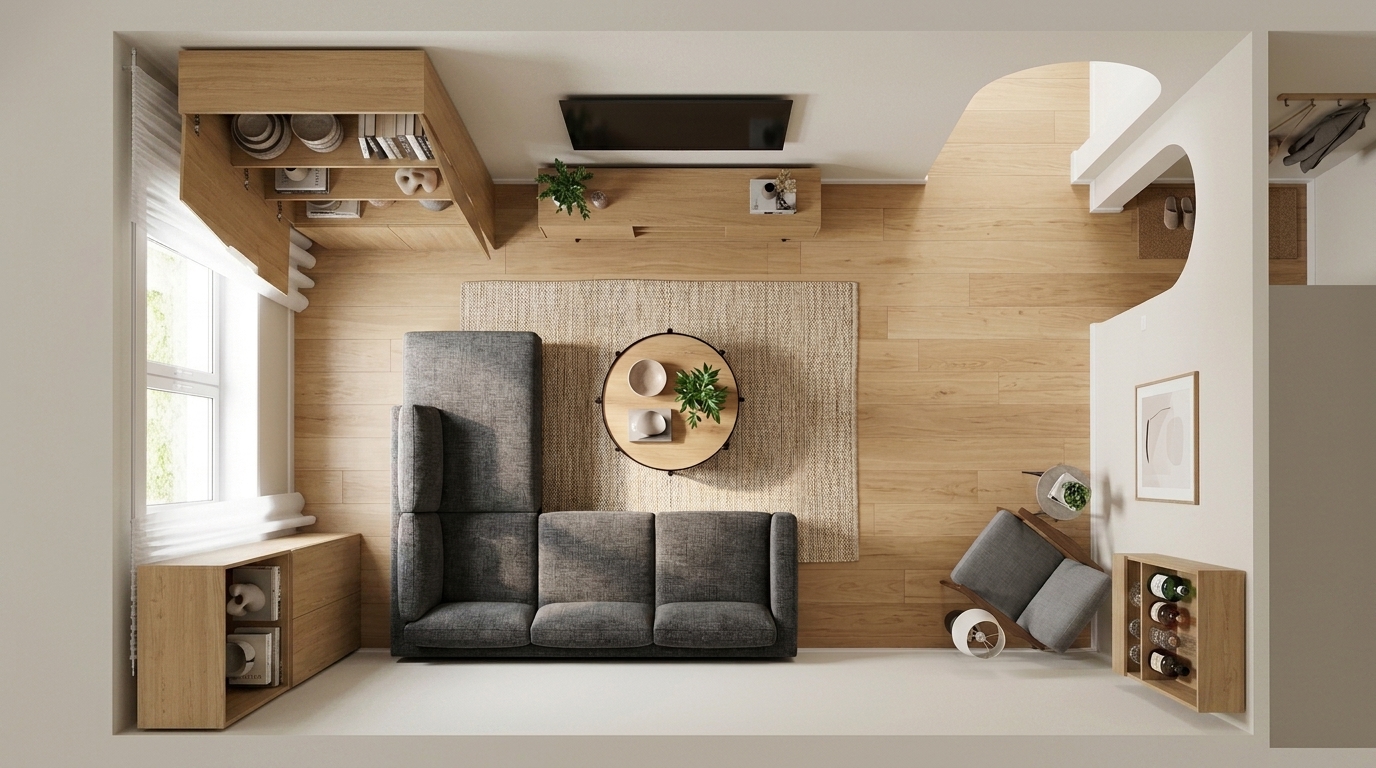 Bản vẽ mặt bằng phối cảnh từ trên xuống (top-down view) minh họa cách bố trí sofa chữ L màu xám đậm trong phòng khách nhỏ, kết hợp bàn trà tròn bằng gỗ, thảm trải sàn, tủ kệ tivi và một ghế đơn thư giãn gọn gàng.