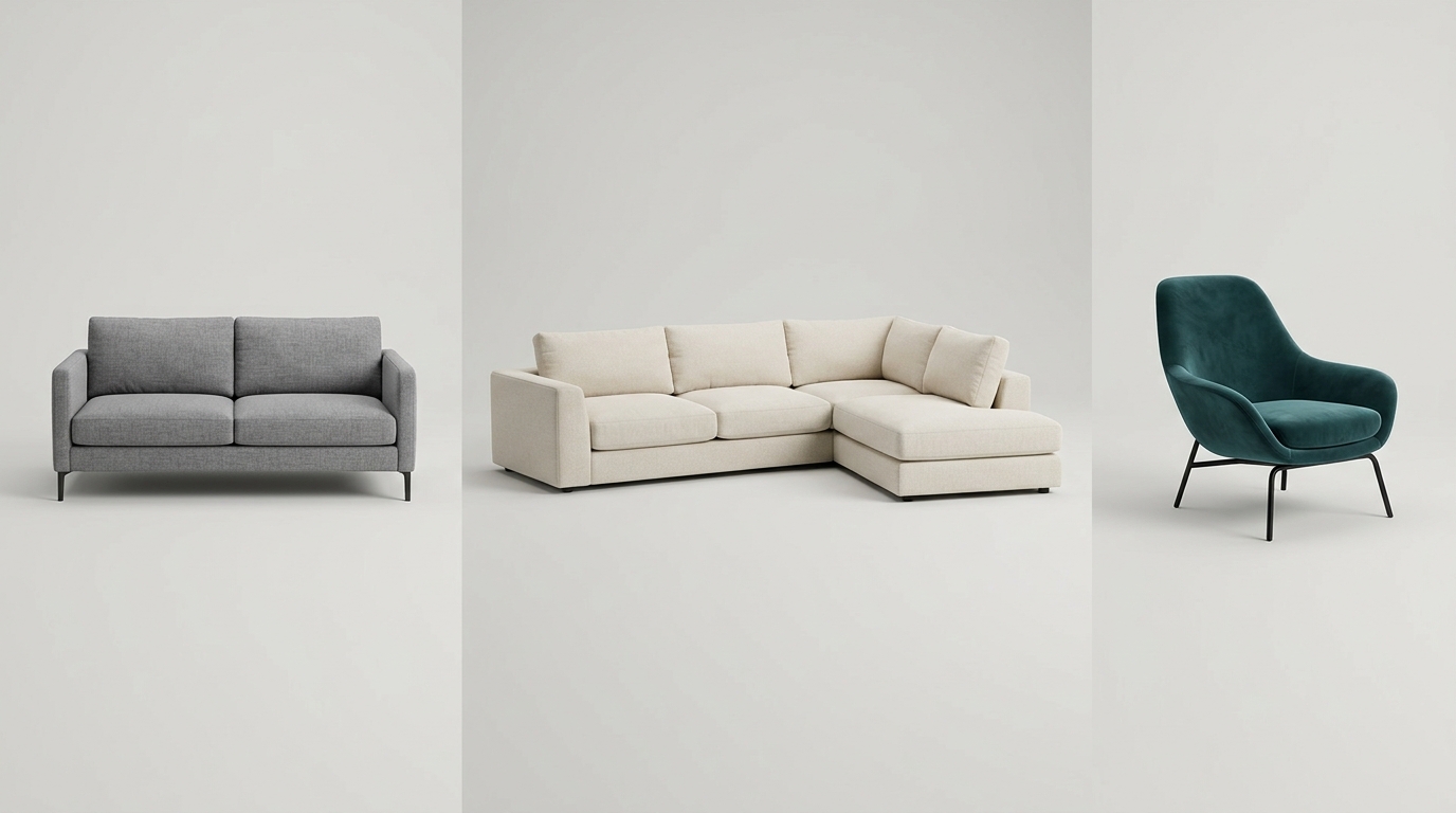 Ảnh phân loại sofa hiện đại gồm sofa văng nhỏ gọn, sofa chữ L và ghế đơn.