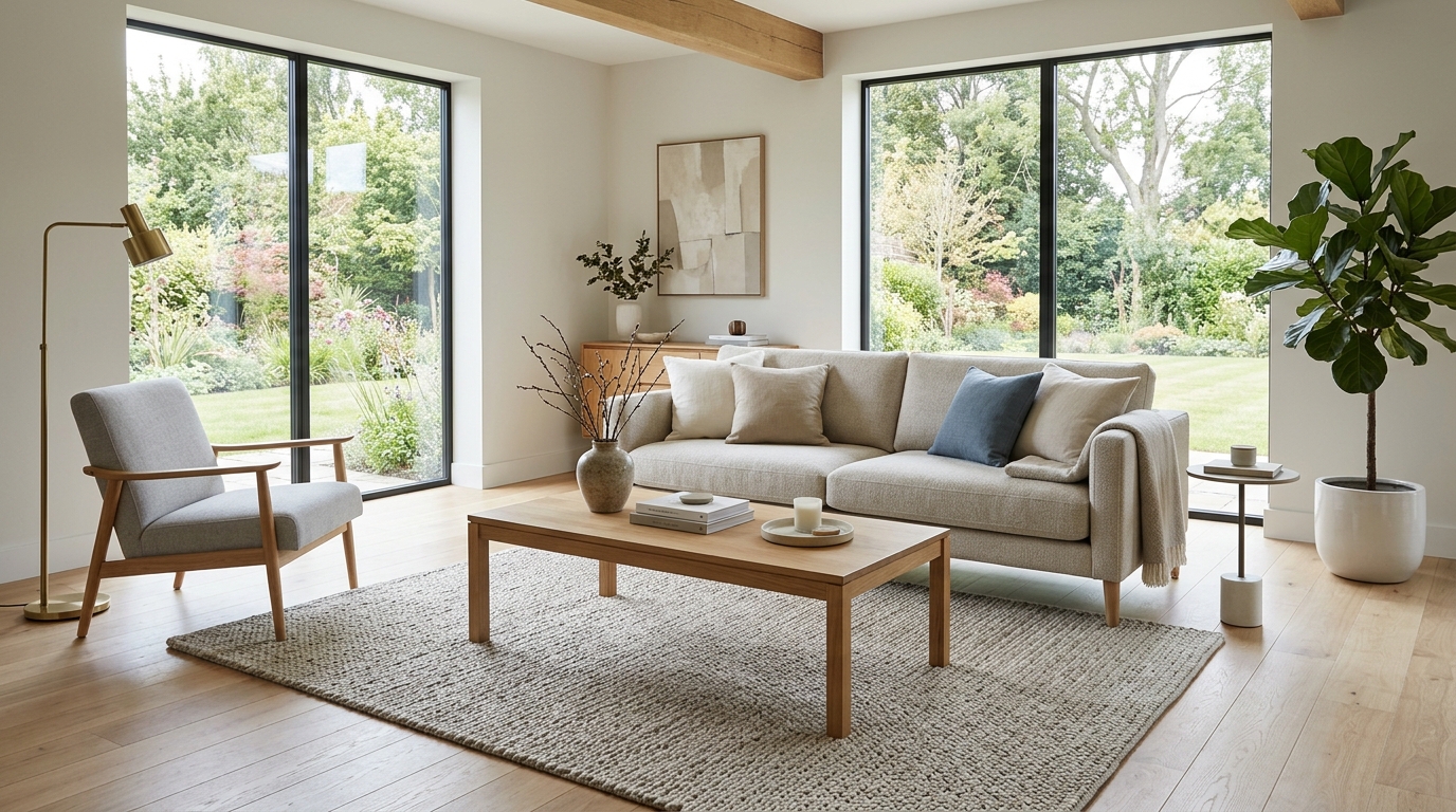 Bố trí bàn trà đơn giản cân đối với sofa trong phòng khách hiện đại.