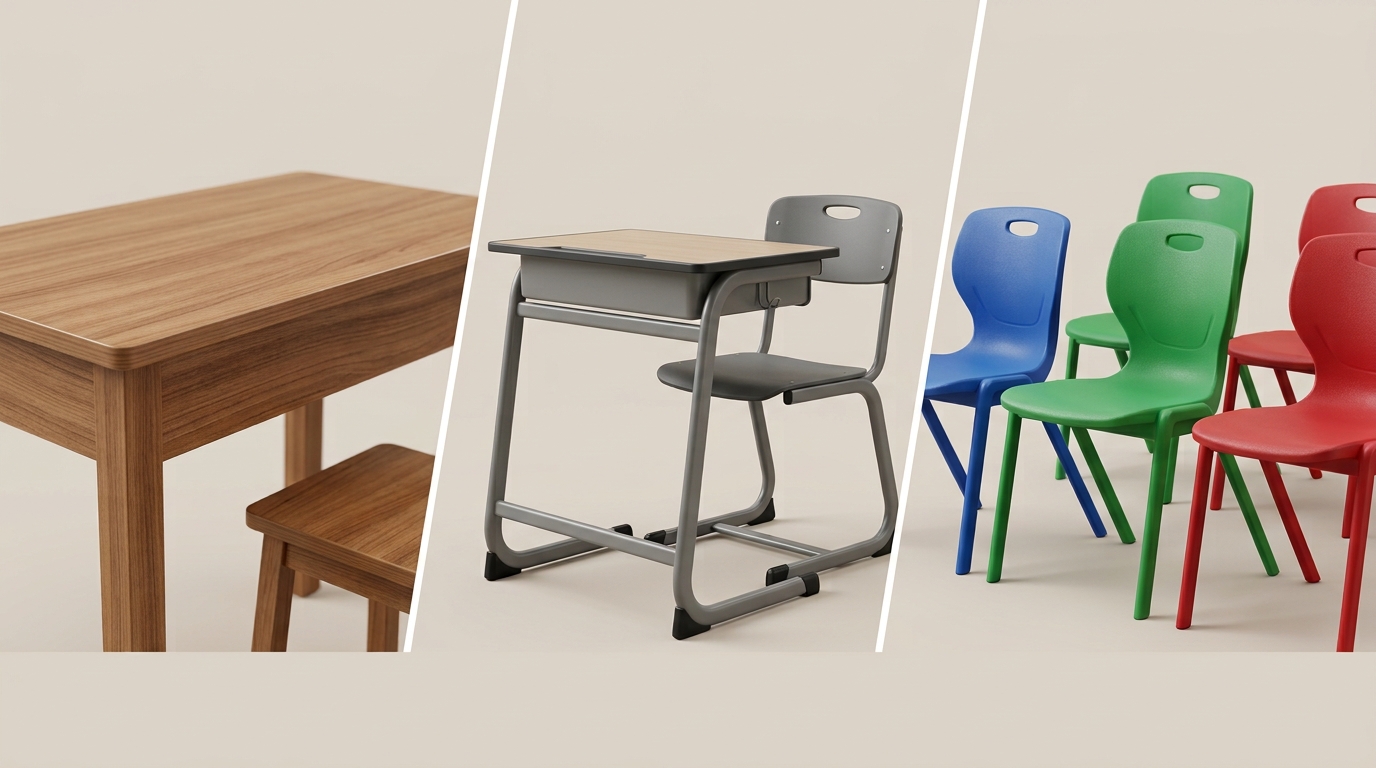 Ảnh ghép 3 phần giới thiệu các dòng sản phẩm bàn ghế học sinh: bên trái là bộ bàn ghế bằng gỗ tự nhiên mộc mạc; ở giữa là mẫu bàn học sinh chân sắt sơn tĩnh điện màu xám hiện đại; bên phải là các mẫu ghế nhựa cao cấp đúc liền khối với nhiều màu sắc nổi bật như xanh dương, xanh lá và đỏ.