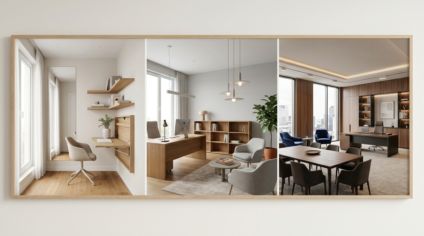 Ảnh ghép 3 giải pháp bài trí bàn ghế làm việc theo diện tích: phòng nhỏ dưới 10m2 (trái), phòng trung bình 10-20m2 (giữa) và phòng lớn hiện đại (phải).