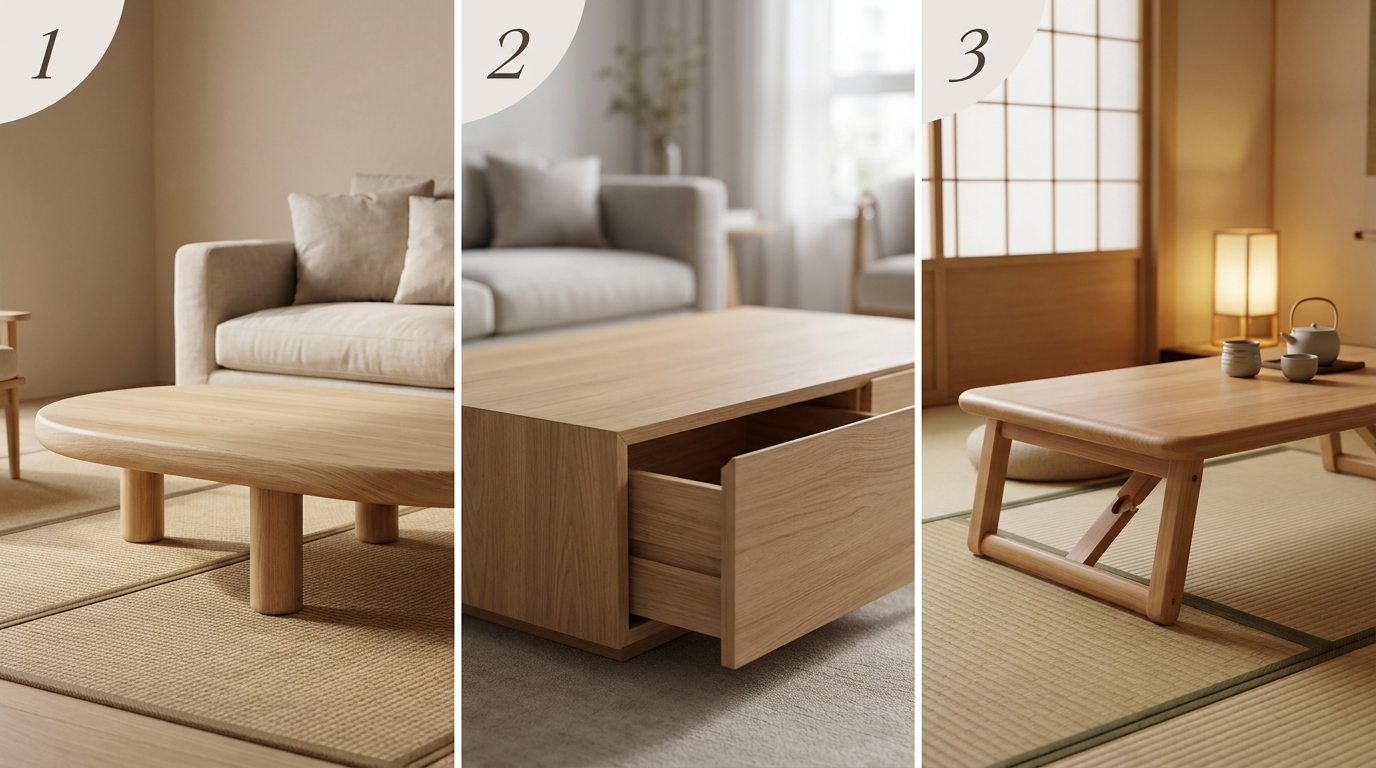 Ảnh ghép 3 phong cách bàn trà bệt gỗ sáng màu: kiểu Wabi Sabi bo tròn chân trụ mộc mạc (1), kiểu hiện đại khối hộp tích hợp ngăn kéo (2) và kiểu Nhật Bản (Chabudai) gấp gọn trên thảm Tatami (3).