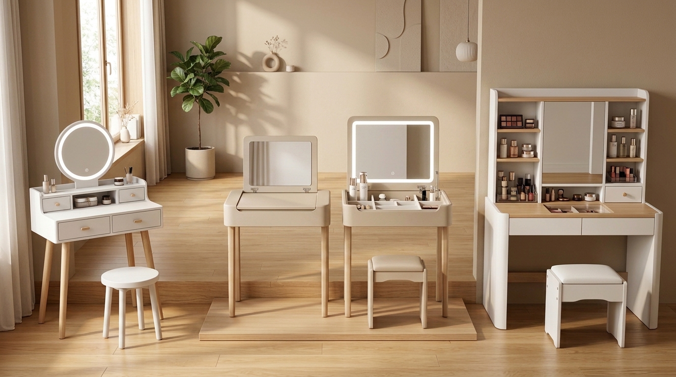 Các mẫu bàn trang điểm nhựa mini, gương gập và tích hợp kệ mỹ phẩm thông minh.