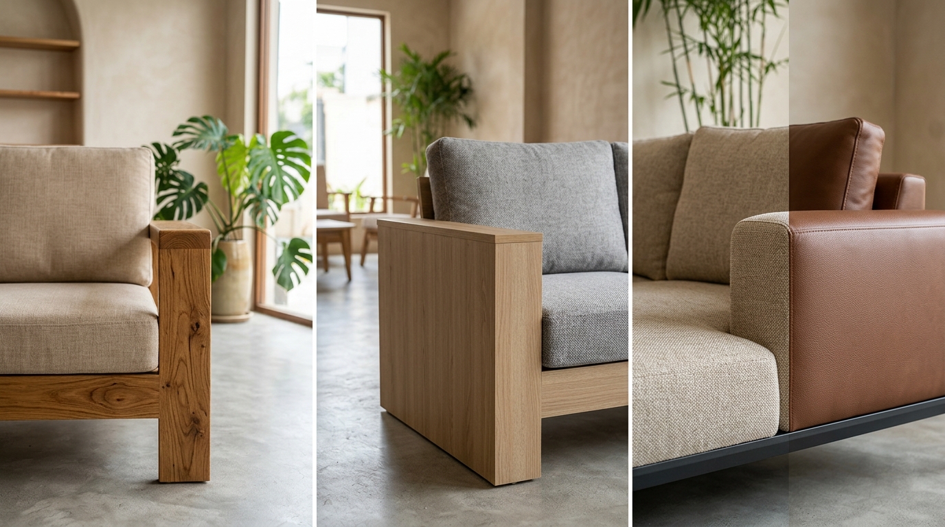 Ảnh ghép 3 phần so sánh cận cảnh chất liệu sofa: bên trái là khung gỗ tự nhiên với đệm nỉ màu kem; ở giữa là sofa khung gỗ công nghiệp kết hợp đệm bọc vải nỉ màu ghi xám; bên phải là mẫu sofa phối hợp chất liệu vải nỉ màu be và da cao cấp màu nâu bò sang trọng.