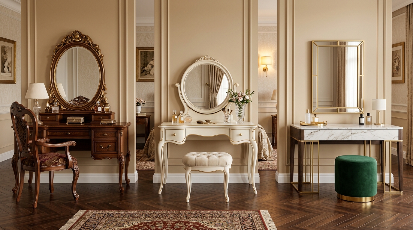 Các mẫu bàn trang điểm cổ điển gồm phong cách truyền thống, tân cổ điển và Luxury cao cấp.