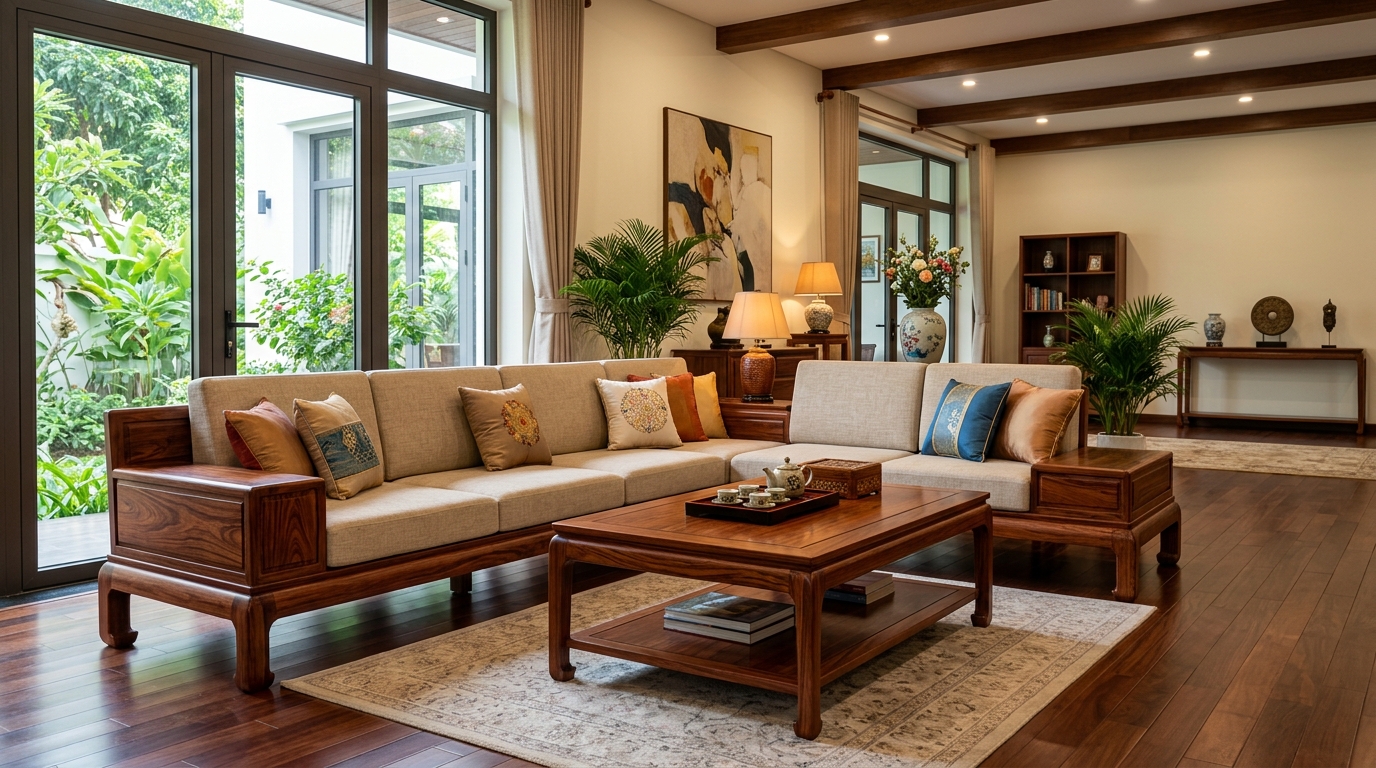 Không gian phòng khách nhà phố hiện đại có sàn gỗ, bài trí bộ bàn ghế sofa góc chữ L bằng gỗ hương tự nhiên cao cấp kết hợp đệm bọc vải màu kem, đi cùng bàn trà đồng bộ đặt trên thảm trải sàn và hệ cửa kính lớn hướng ra sân vườn thoáng đãng.