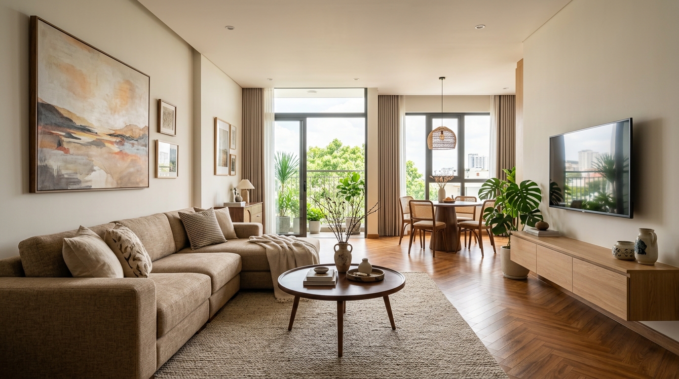 Không gian nội thất phòng khách căn hộ hiện đại tràn ngập ánh sáng, bài trí mẫu sofa góc chữ L màu nâu be kết hợp bàn trà gỗ tròn, thảm trải sàn dệt sợi tự nhiên, kệ tivi treo tường bằng gỗ và bộ bàn ăn nhỏ phía gần ban công.