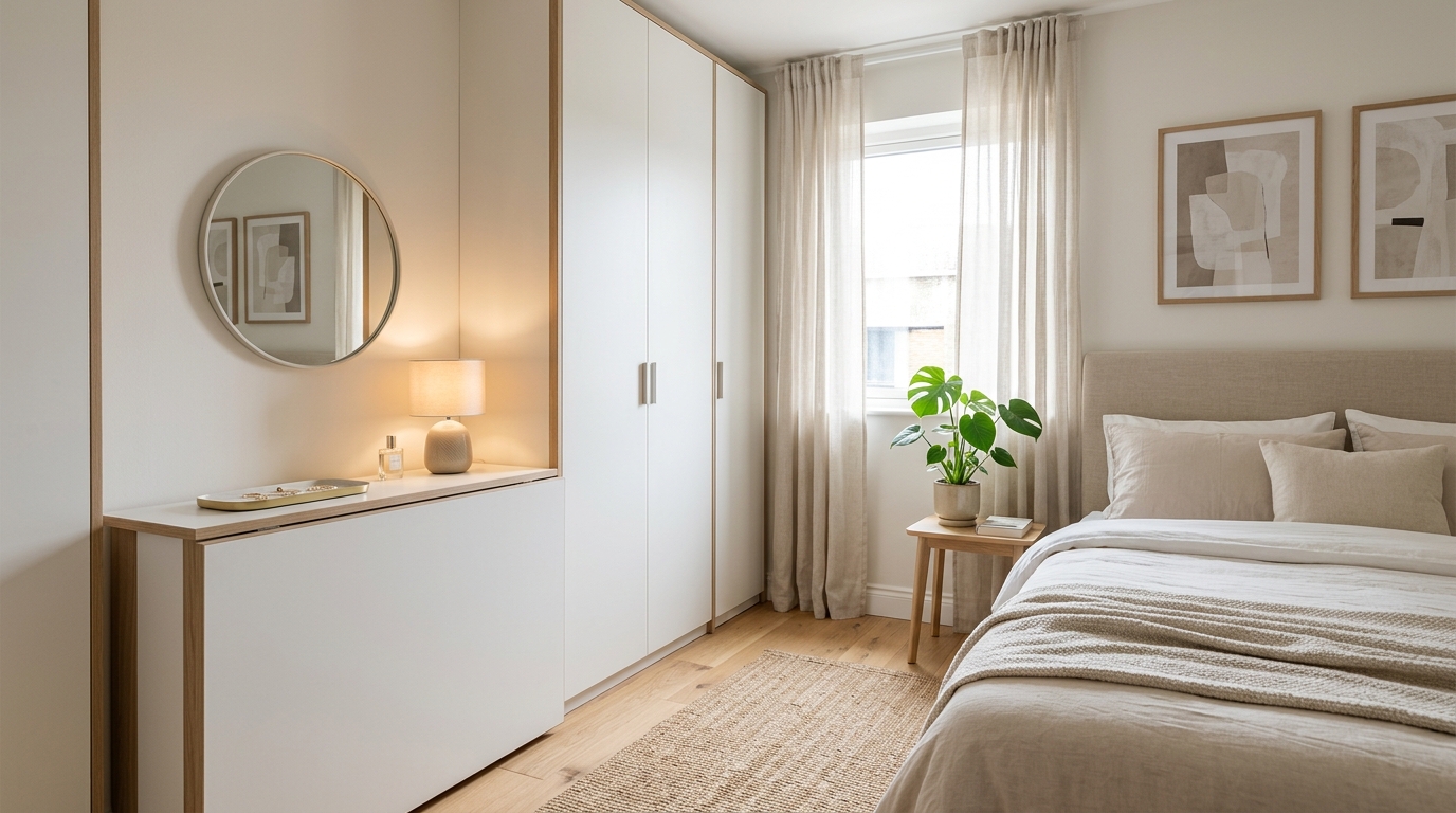 Cách bố trí bàn trang điểm gương gấp giúp tối ưu diện tích phòng ngủ nhỏ hiện đại