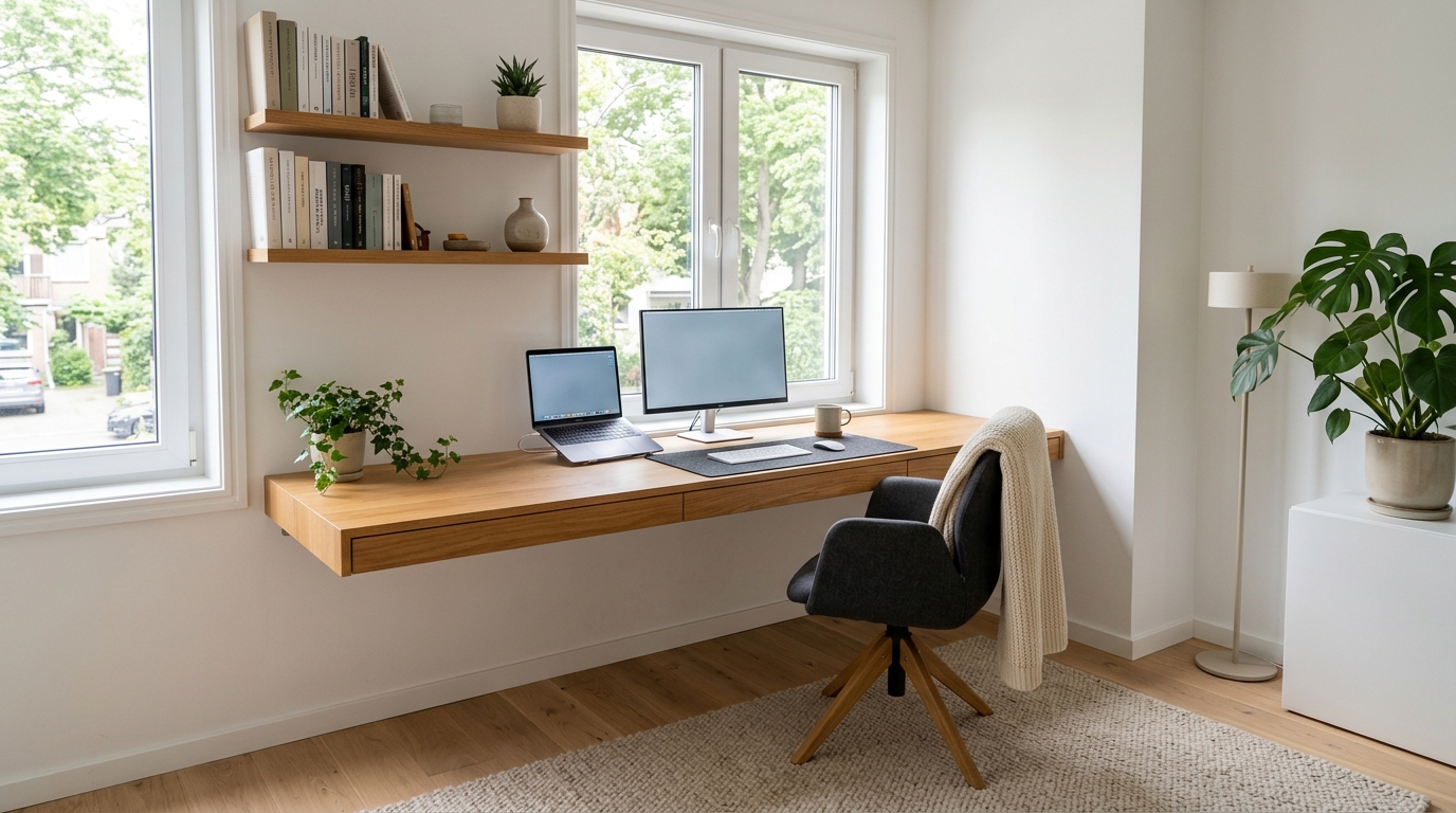 Góc làm việc sử dụng bàn treo tường kết hợp ánh sáng tự nhiên và kệ sách.
