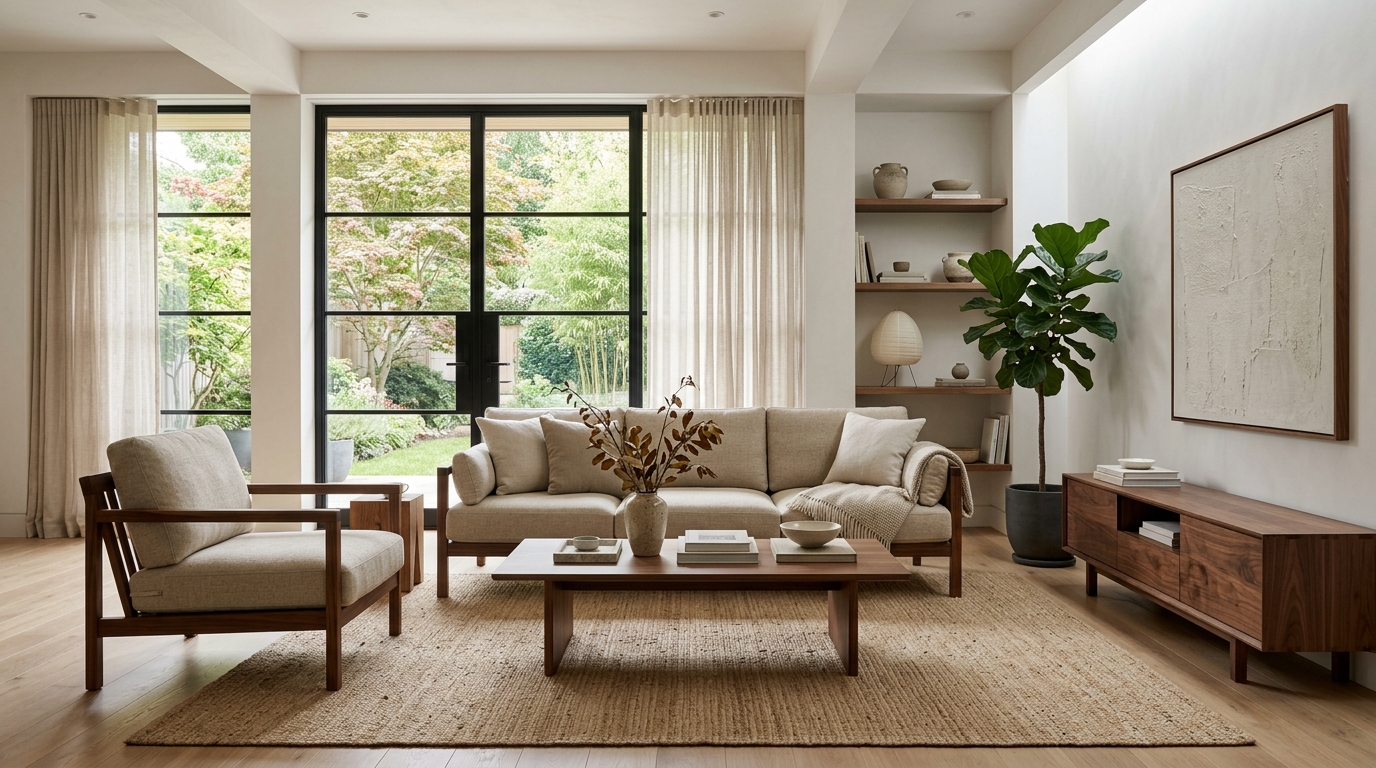 Sofa gỗ óc chó đệm kem kê cách tường, bên rèm cửa thoáng đãng tránh nắng trực tiếp
