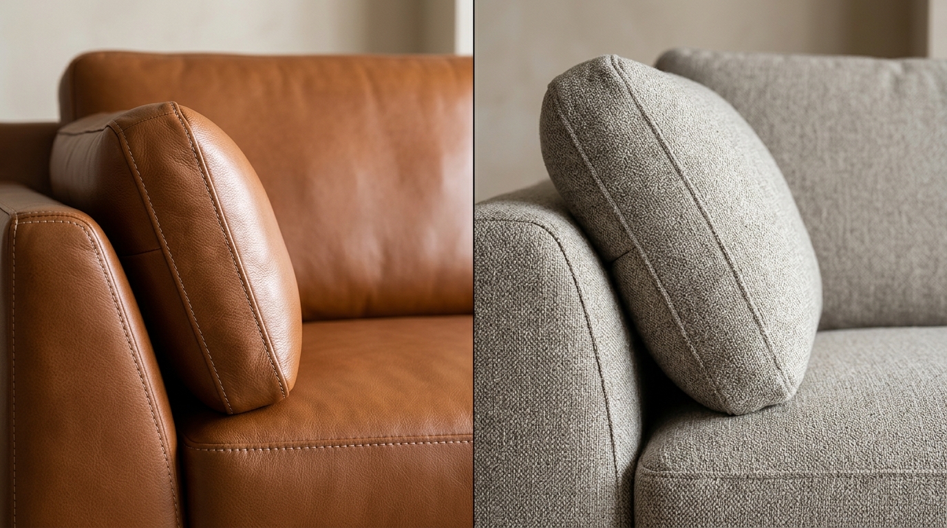 Ảnh so sánh bề mặt sofa da cao cấp và sofa vải nỉ hiện đại.