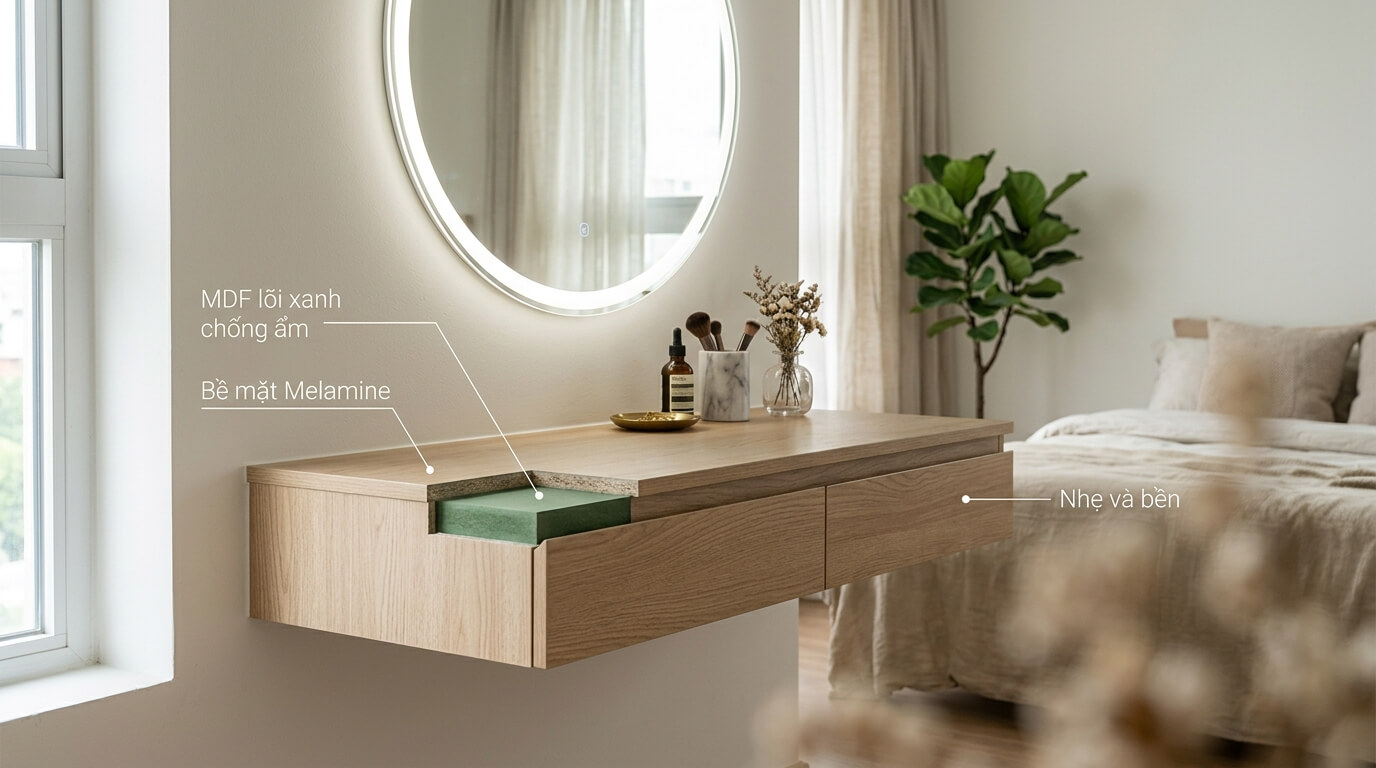 Bàn trang điểm treo tường bằng gỗ MDF lõi xanh chống ẩm phủ Melamine trong phòng ngủ hiện đại