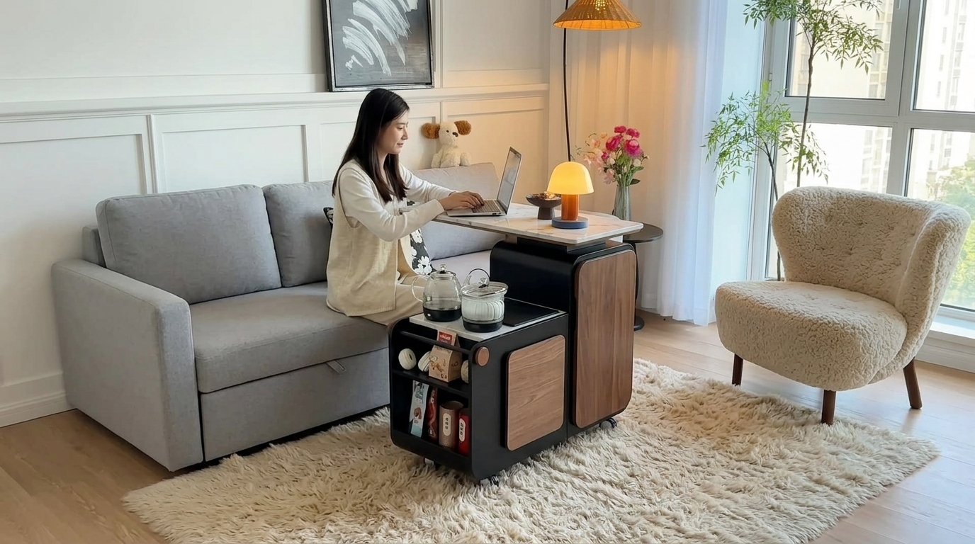 Mẫu bàn trà di động hiện đại giúp tối ưu diện tích, dễ dàng di chuyển và phù hợp với các căn hộ chung cư có không gian linh hoạt