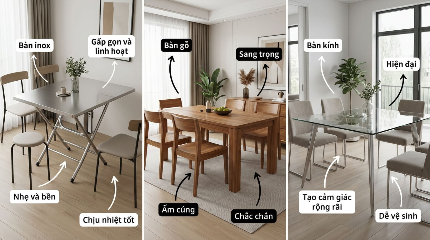 So sánh bàn ăn inox gấp gọn, bàn ăn gỗ và bàn ăn kính trong không gian nội thất hiện đại 