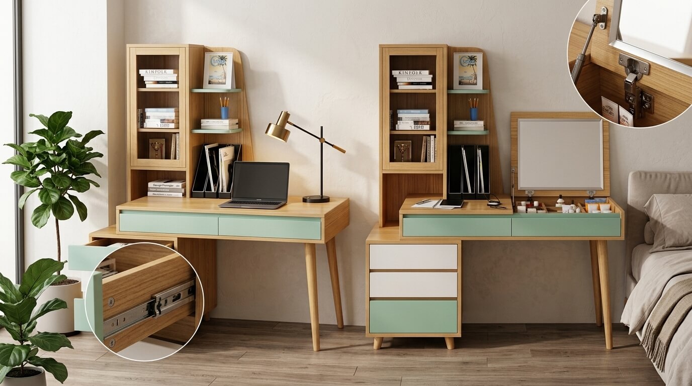Bàn trang điểm gấp gọn đa năng cho phép chuyển đổi nhanh giữa bàn làm việc và bàn trang điểm, giúp tối ưu diện tích và công năng cho phòng ngủ hiện đại