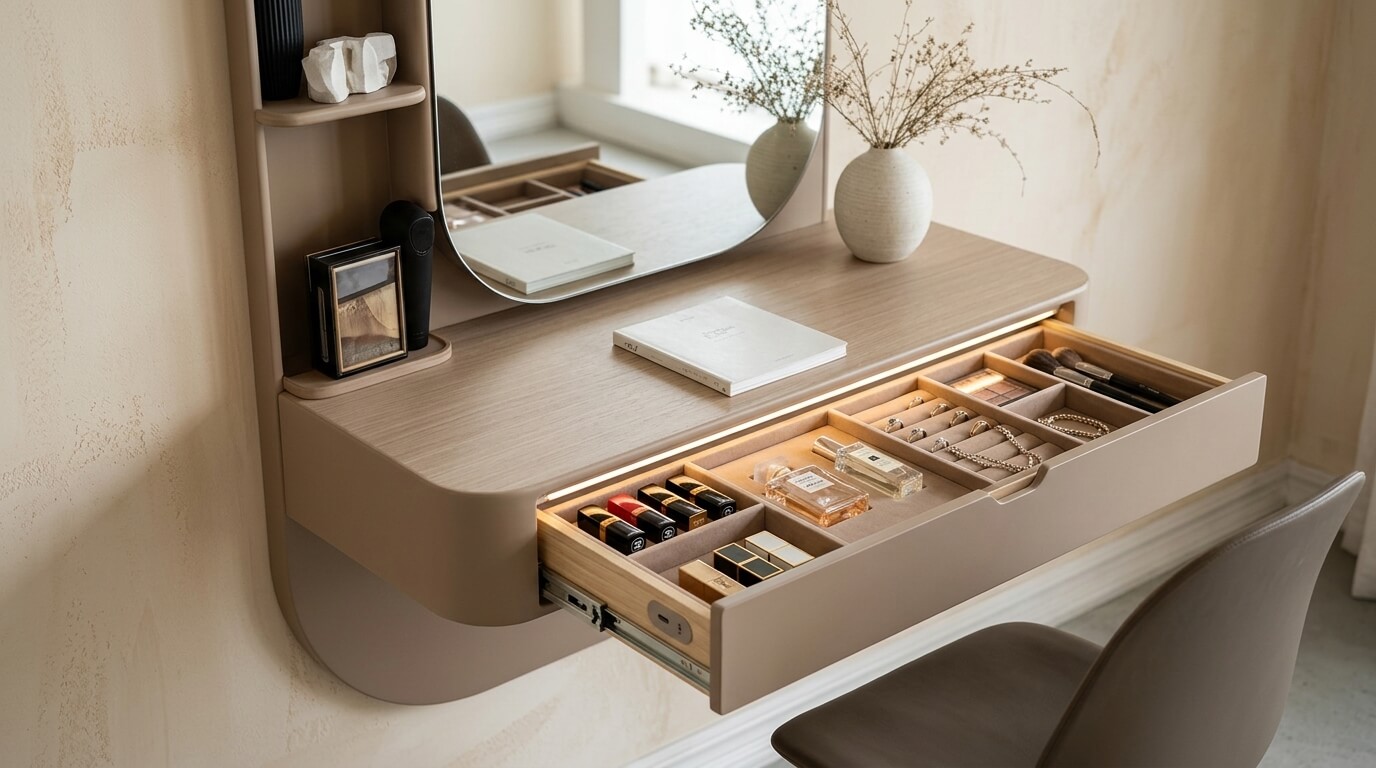 Bàn trang điểm treo tường với ngăn kéo thông minh giúp tối ưu không gian lưu trữ