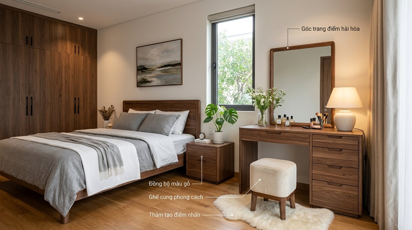 Không gian phòng ngủ được phối đồng bộ giữa bàn trang điểm gỗ, giường, tủ quần áo và các phụ kiện trang trí, tạo nên tổng thể hài hòa và sang trọng