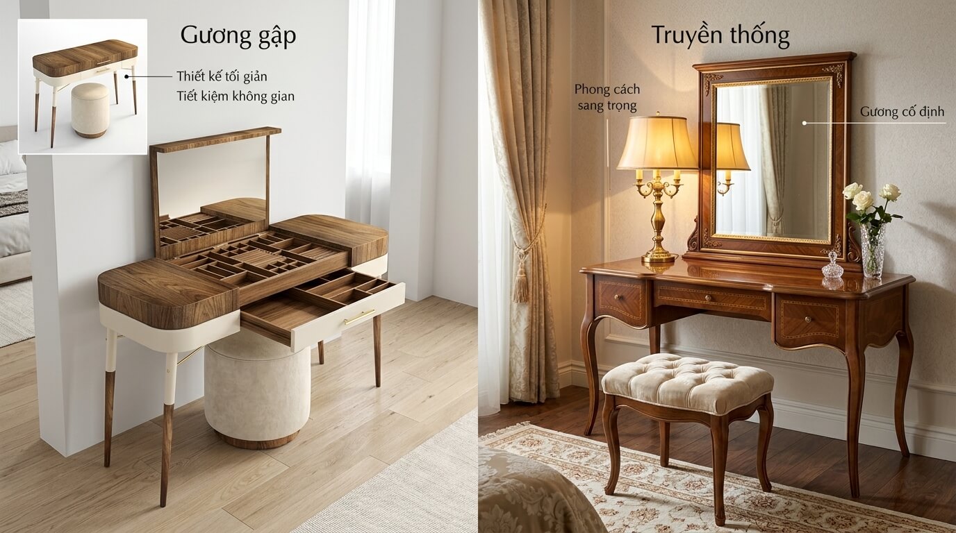 So sánh bàn trang điểm gương gập hiện đại và bàn trang điểm truyền thống trong hai không gian phòng ngủ khác nhau